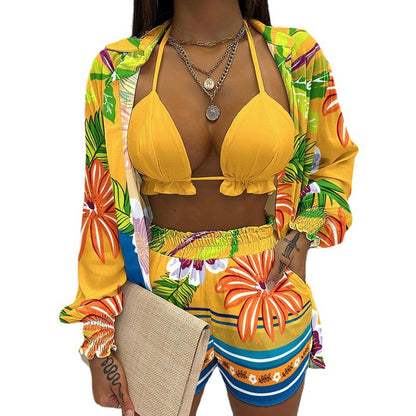 2026 Spring New European and American Cross-border Women's Sexy Printed Suisole Shirt Shorts Three-Piece Set Women