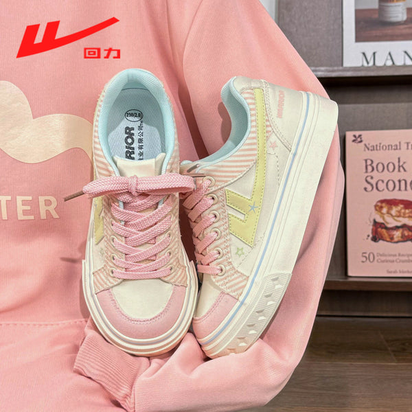 Warrior women's thick-soled skate shoes, pink star-colored casual canvas shoes, new autumn skateboard shoes for girls