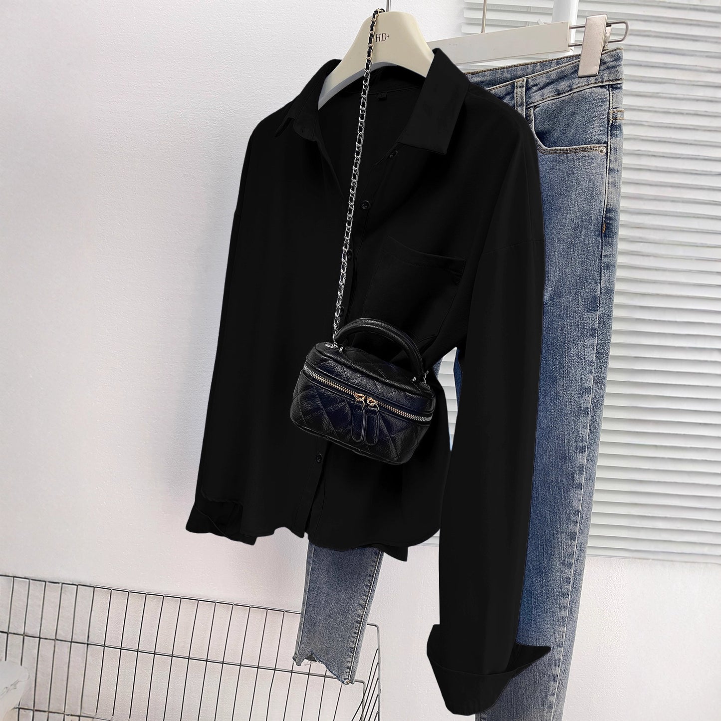 New foreign trade cross-border European and American all-season versatile elegant loose long-sleeve turn-down collar shirt with back button slit