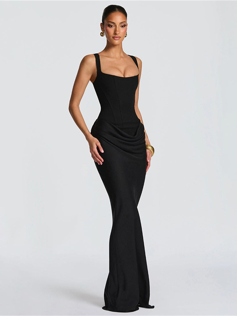 Foreign trade Europe and the United States autumn and winter new women's fashion solid color slim waist folds hip temperament suspender dress women