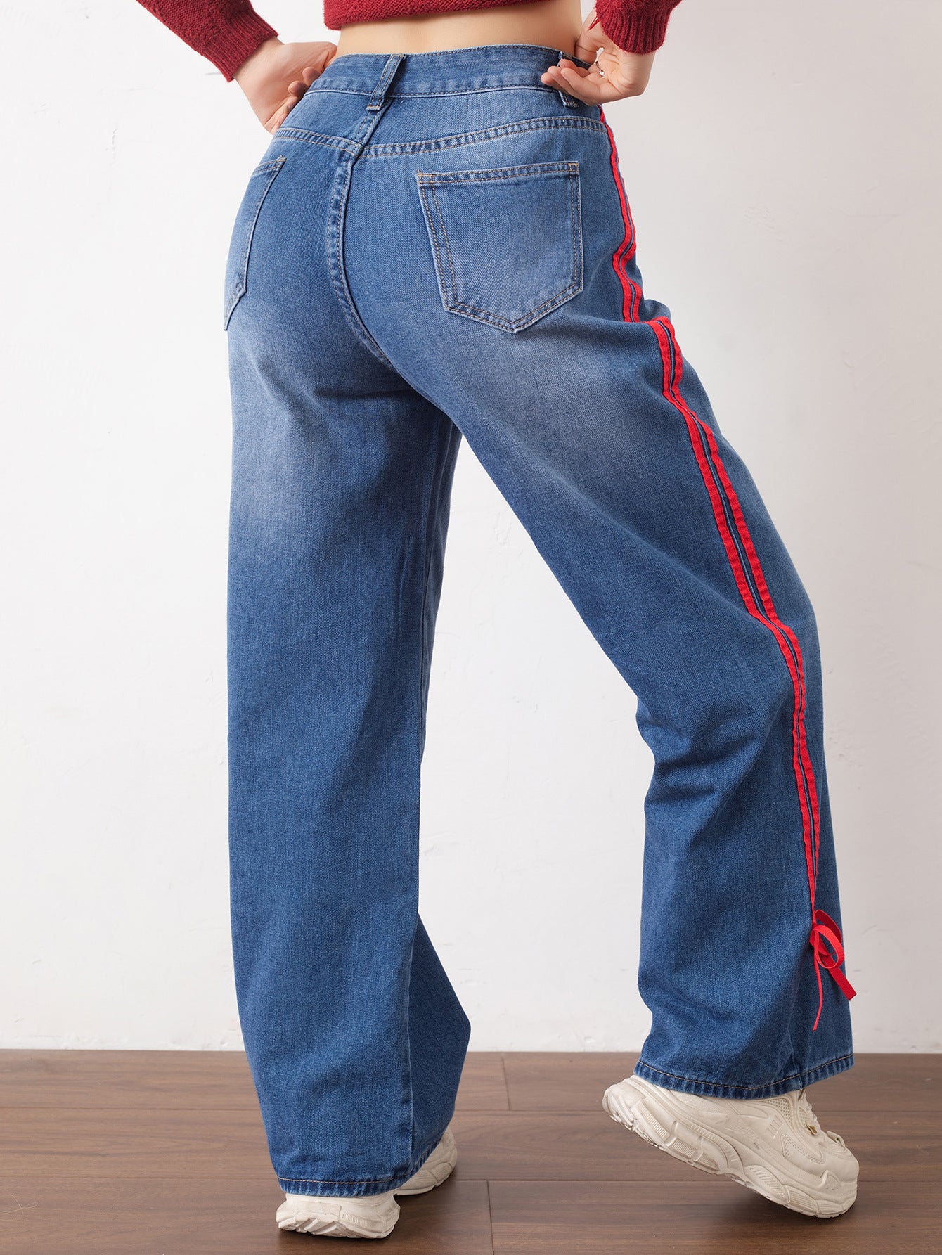 Women's denim trousers, American vintage red-edged webbing, versatile casual slimming straight-leg trousers, can be worn in all seasons