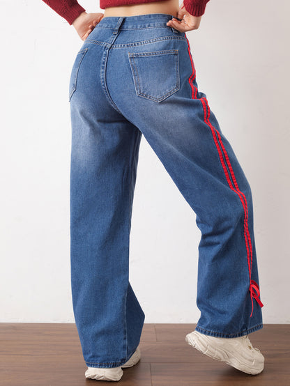Women's denim trousers, American vintage red-edged webbing, versatile casual slimming straight-leg trousers, can be worn in all seasons