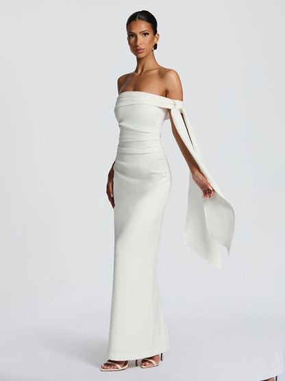 European and American style autumn new women's clothing sexy one-shoulder streamer sleeveless pleated slim hip bandeau dress for women