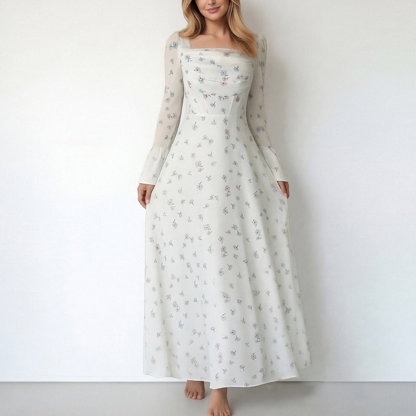Cross-border spring 2026 European and beautiful clothing temperament elegant floral pleated fairy waist flared sleeve women's fluttering dress