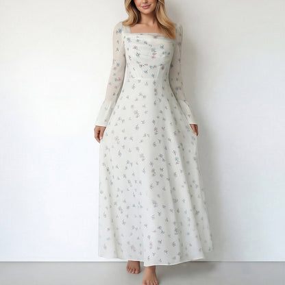Cross-border spring 2026 European and beautiful clothing temperament elegant floral pleated fairy waist flared sleeve women's fluttering dress