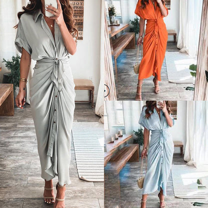 2026 Amazon Foreign Trade European and American Fashion Spring New Short Sleeve Temperament Commuter High Waist Printed Long Dress