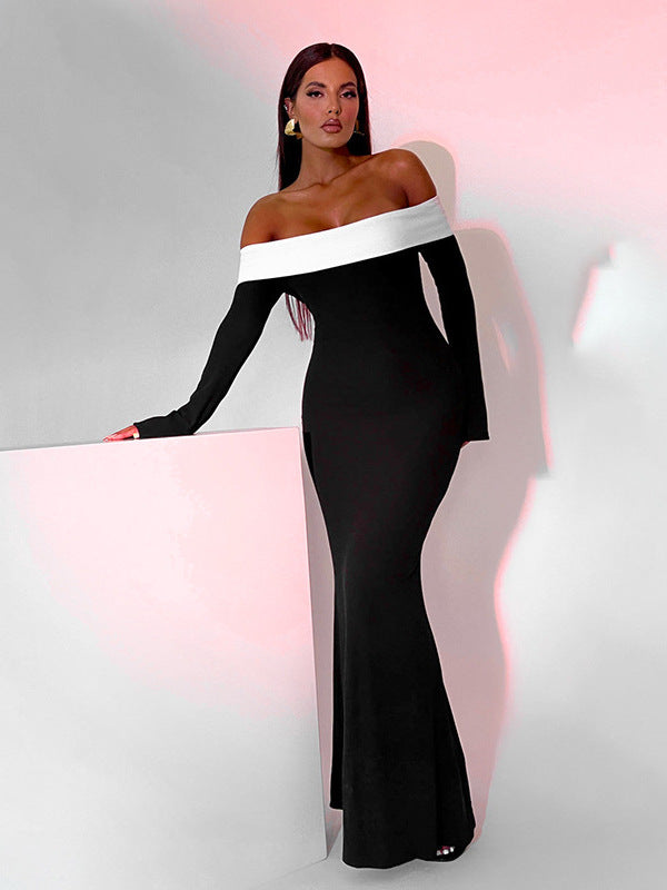 Cross-border European and American autumn and winter new women's fashion contrast one-shoulder slim long sleeve hip-hugging temperament mermaid dress