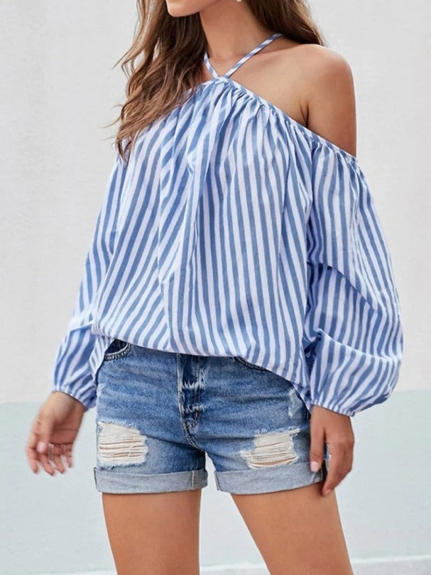 Europe and the United States 2023 cross-border Amazon spring and autumn new tops striped sexy fashion one-shoulder shirt top for women