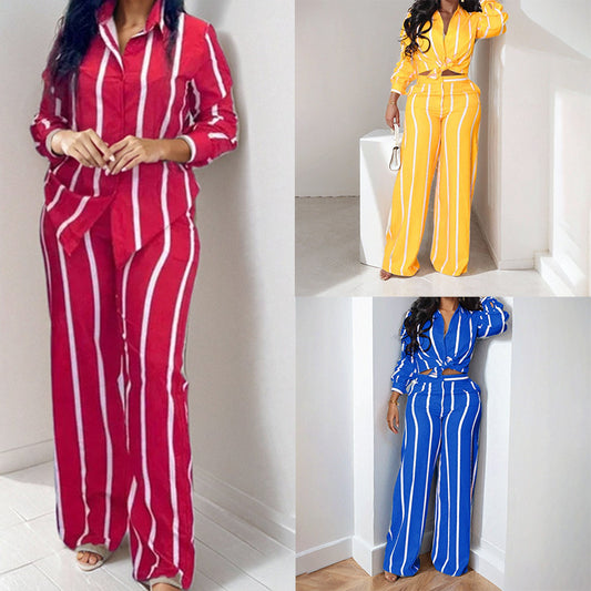 Cross-border 2026 new Amazon European and American style women's striped long-sleeved shirt trousers fashion suit women's two-piece set