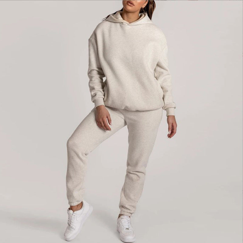 2026 spring new cross-border European and American clothing hot sale solid color casual fashion long-sleeved sweatshirt trousers two-piece set