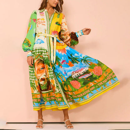 2026 independent station wishEuropean and beautiful clothing temperament printed lantern sleeves belt shirt large swing European and American dress women