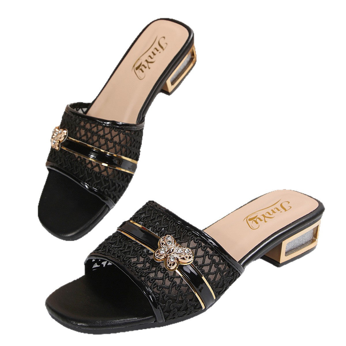 European and American cross-border foreign trade wholesale high-heeled sandals for women, elegant versatile decorative buttoned square-toe sandals