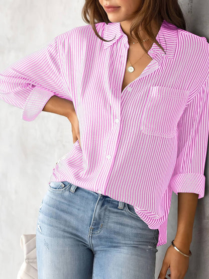 Women's Fall 2023 Amazon Striped Cardigan Tops Loose Casual Long Sleeve Shirts Women's Striped Long Sleeve Shirts