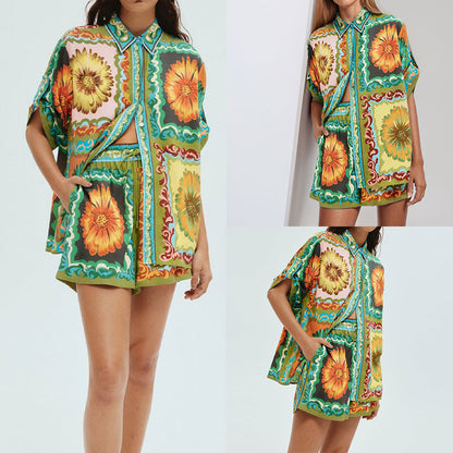 Cross-border spring 2026 new European and American clothing suits fashion printed lapels short-sleeved shirts and shorts casual suits