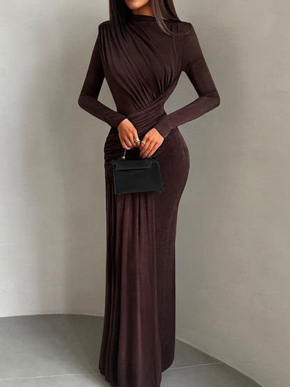 Cross-border autumn new women's celebrity style solid color crew neck asymmetrical pleated slim hip wrap dress for women