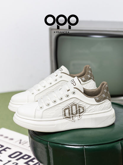 OPP men's shoes spring thick-soled versatile, light luxury high-end casual white shoes, leather sports low-top trendy board shoes