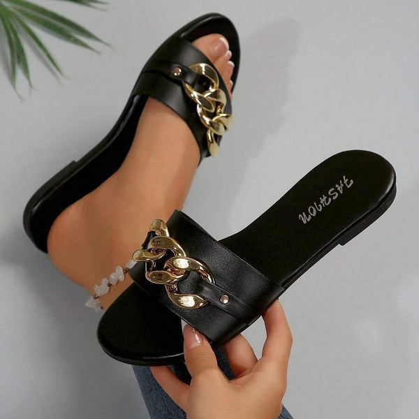 Cross-border dropshipping women's shoes women's fashion slippers solid color metal decoration square toe flat sole simple and comfortable solid color simple