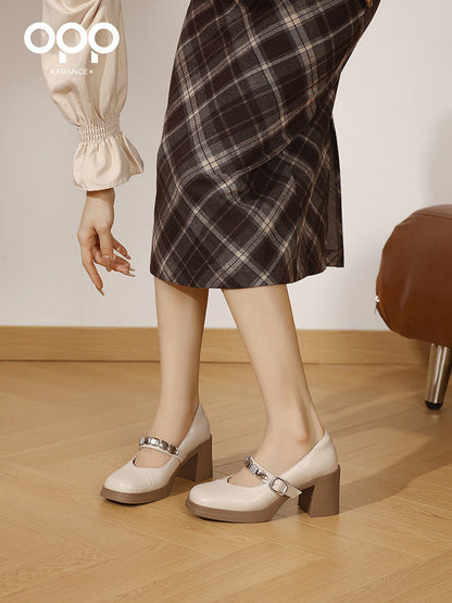 OPP leather shoes women's 2025 spring and autumn new leather shoes, Mary Jane shoes, casual low-heeled and high-heeled beanie loafers