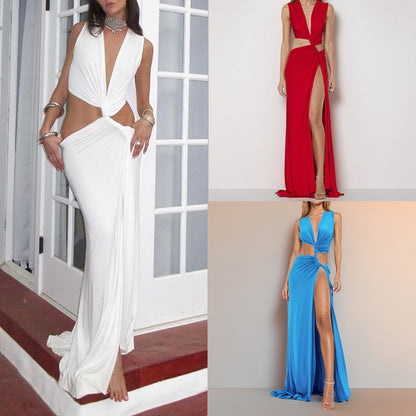 Vestido plissado sem mangas com recortes, nó e racha, estilo europeu e americano, da Amazon, modelo 2026.