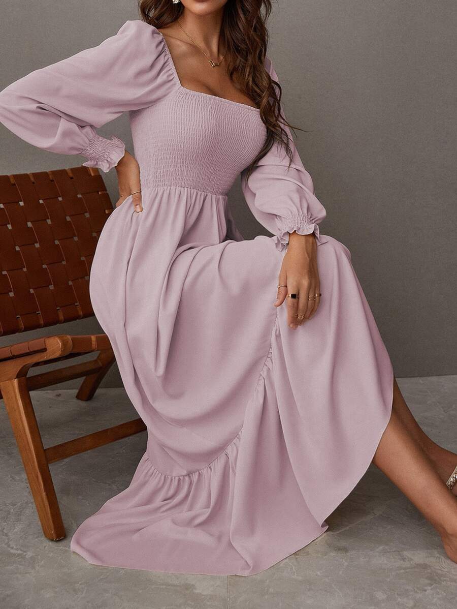 Cross-border, Europe and the United States, spring and autumn 2024, pullover, square neck, long sleeves, ruffled high-waisted, tight-fitting temperament, large swing dress