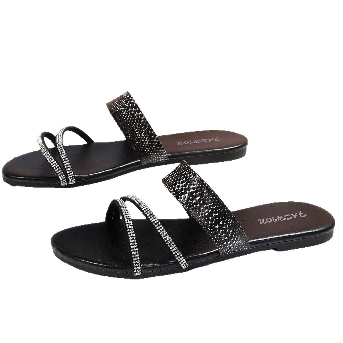 European and American cross-border women's shoes, export fashion slippers, elegant versatile python pattern decorative round-toe flat sandals