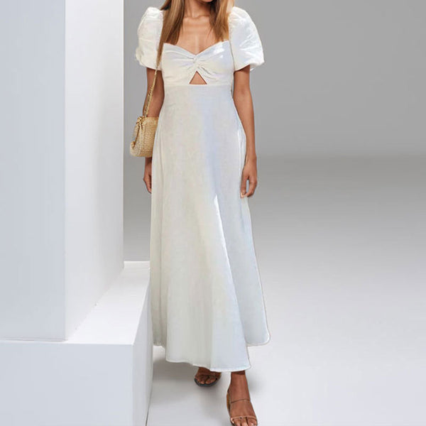 2026 spring cross-border European and beautiful clothing temperament slimming sexy hollow puff sleeves solid color large swing waist dress