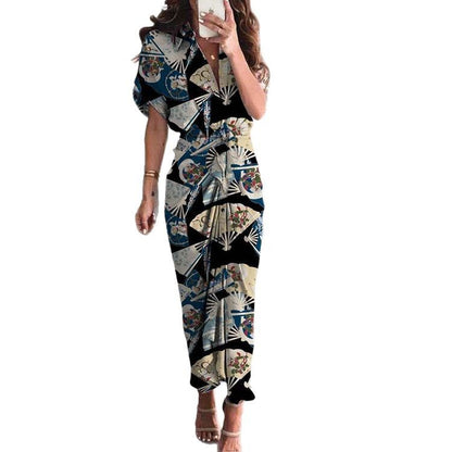 Amazon 2025 Spring New European and American Women's Short Sleeve Temperament Fashion Commuter High Waist Printed Cardigan Dress
