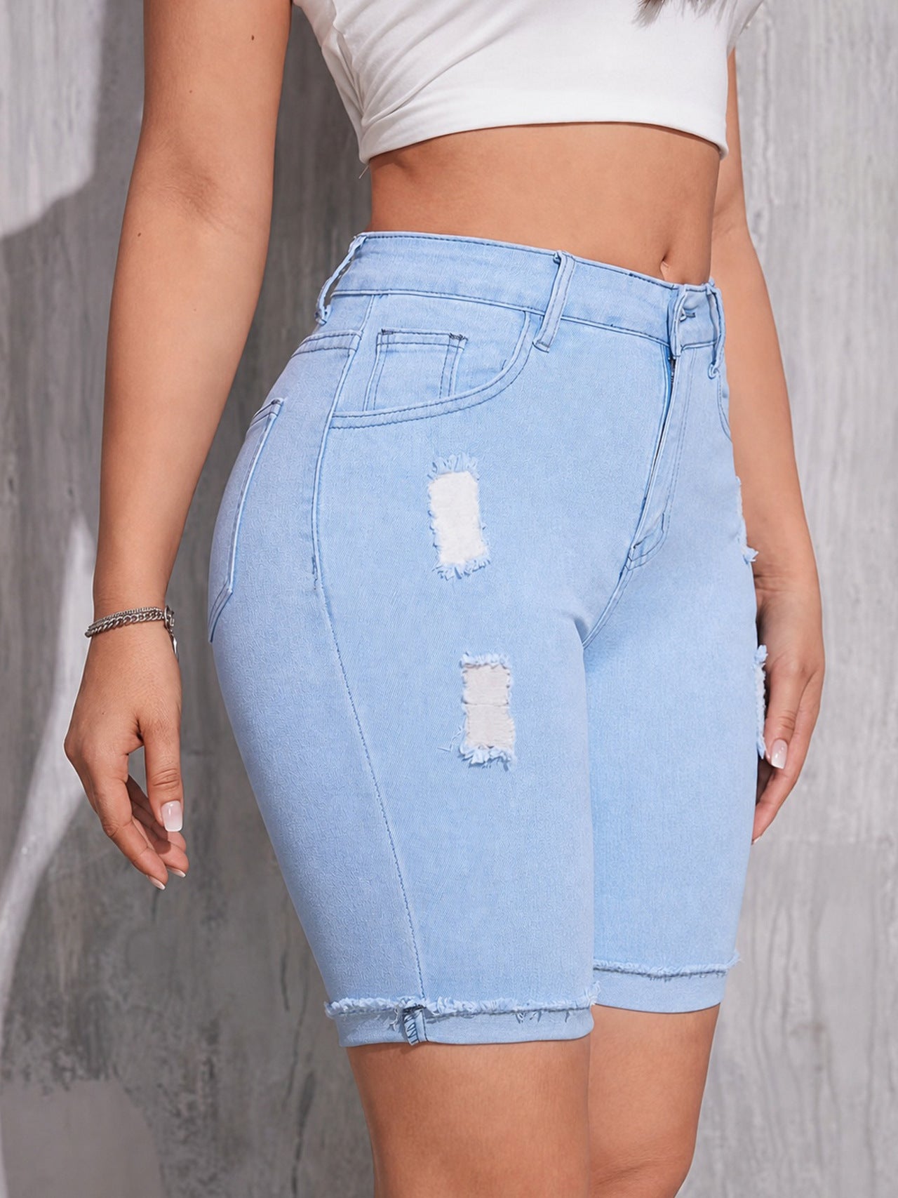 2026 AliExpress Women's Versatile Commuter Frayed Ripped Blue Denim Five-Point Shorts with Elegant Design Shorts