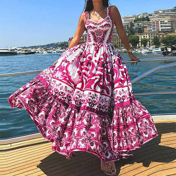 Spring 2026 New Cross-border European and American Clothing Printed Sleeveless Pleated Waist Ruffled Large Swing Dress for Women