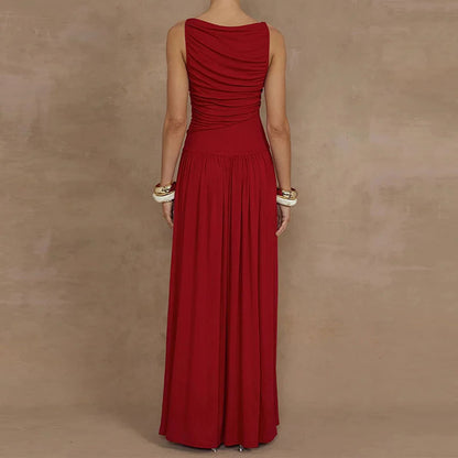2026 Spring New European and American Cross-border Dress Fashionable Temperament Solid Color Slim Pleated Pleated Dress