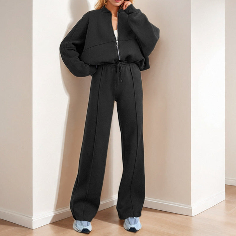 Spring 2026 new European and American cross-border women's fashion solid color zipper cardigan lace-up sweatshirt casual straight-leg trouser cover