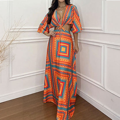 Vestido feminino estampado sexy com decote em V profundo e alças finas, da nova coleção Primavera 2026 da Amazon, modelo 661.