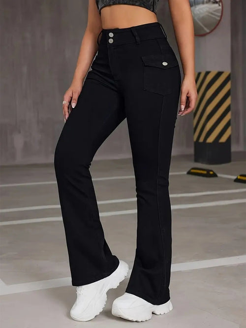 Women's jeans multi-craft pocket design black pants stretch slimming versatile flared trousers JEANS