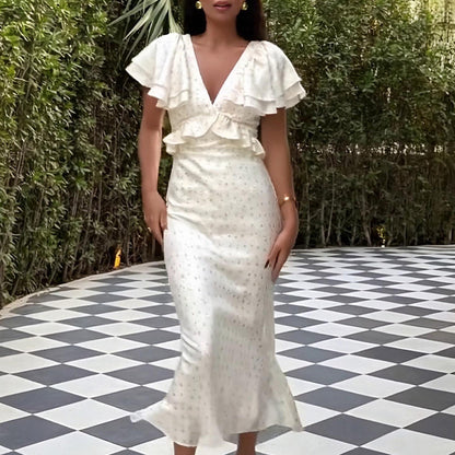 2025 summer new cross-border European and American fashion temperament elegant ruffled print V-neck slim waist dress