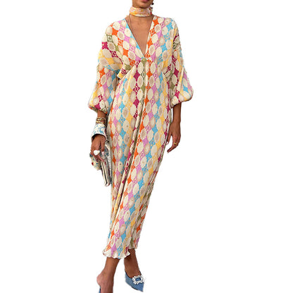 Cross-border 2026 European and American women's clothing elegant temperament print elegant V-neck lantern half sleeve A-line European and American dress for women