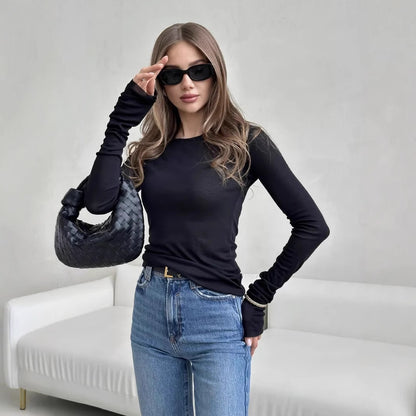 Cross-border autumn new solid color versatile slim long-sleeved top women's European and beautiful casual crew neck tight T-shirt women