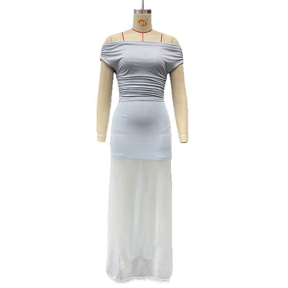 Cross-border Amazon summer new European and American women's clothing sexy one-shoulder top mesh spliced skirt two-piece set