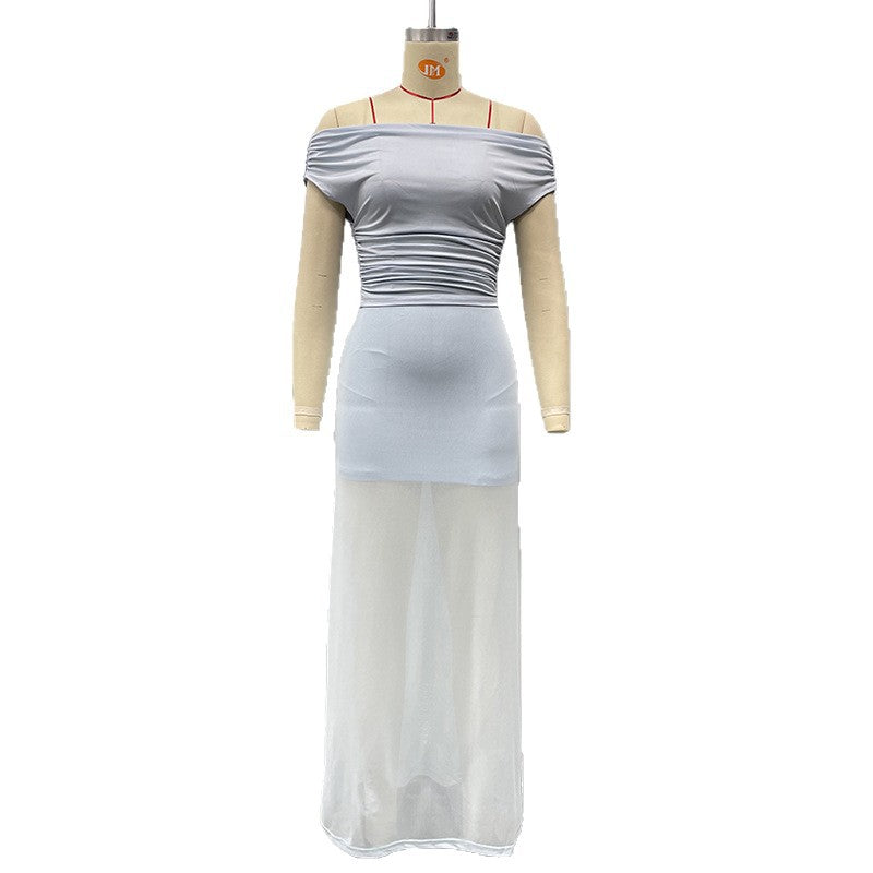 Cross-border Amazon summer new European and American women's clothing sexy one-shoulder top mesh spliced skirt two-piece set