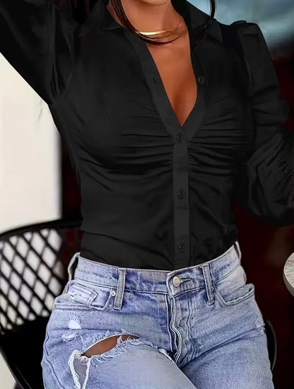 Cross-border European and American women's fashion and casual elegant style, lapel, pleated, slim-fit, solid-color shirt