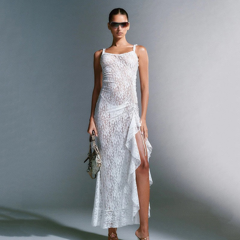 Amazon European and American Fashion 2025 Spring/Summer New Spice Girl Style Sexy Lace Cut-Through Sheer Suspender Dress for Women