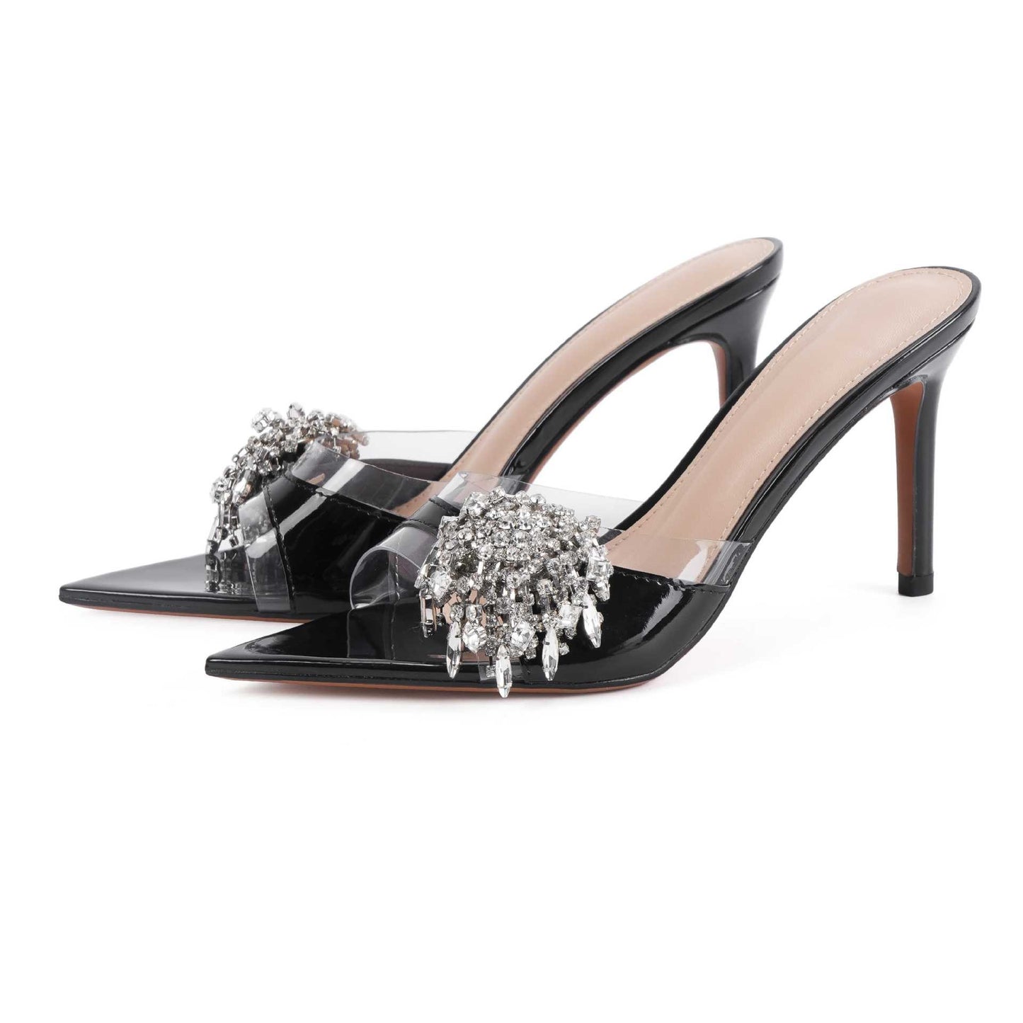 YX2026 New Silver Pointed Toe Rhinestone Strap Sandals Women's Stiletto Open Toe High Heel Half Slippers Wear Fashionably Outside