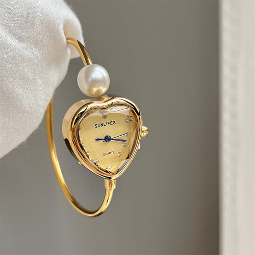 Sunlifex Peach Heart Bracelet Watch for Women, Exquisite Niche Pearl Diamond Design, Douyin Best-Selling Women's Watch