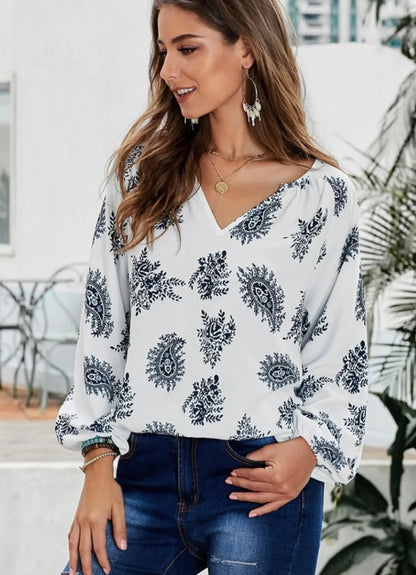 Cross-border Europe and the United States 2023 Amazon ebay Spring and Autumn New Loose Printed V-Neck Shirt Top Women