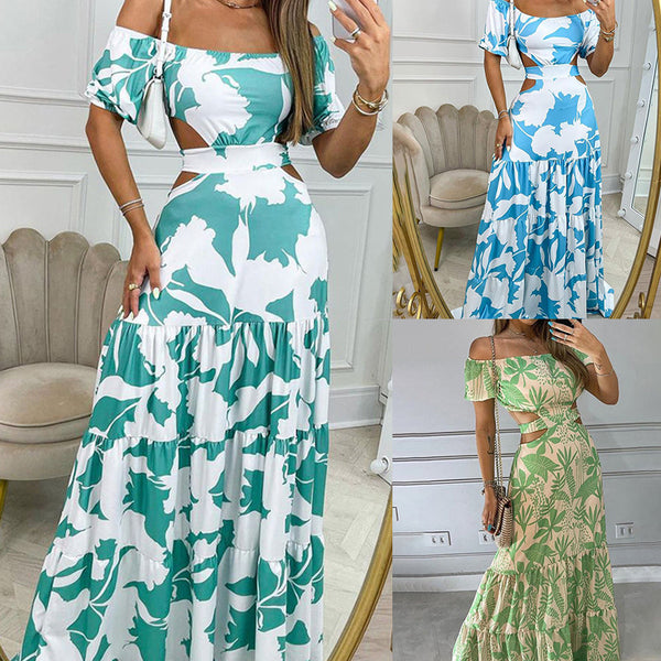 2026 Amazon cross-border foreign trade European and American fashion personality one-line collar printed waistless European and American dress women