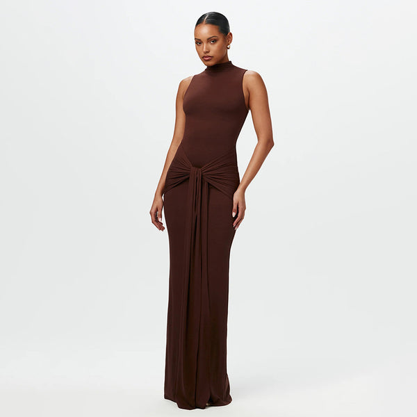 Cross-border autumn and winter new European and American women's clothing temperament solid color round neck sleeveless waist tie slim hip dress women
