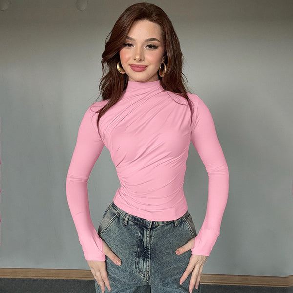 Cross-border European and American women's autumn new solid color slim long-sleeved base top, sexy hot girl pleated tight T-shirt