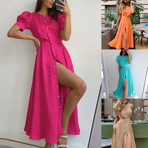 Custom factory independent station cross-border European beauty clothing new printed temperament commuter high-waisted dress custom sample clothes