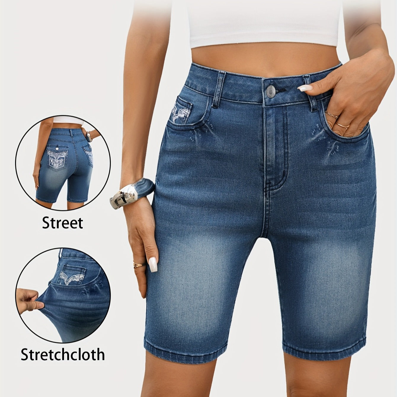 Summer new women's elegant denim culottes cargo pants women's anti-light A-shaped pocket embroidery slimming