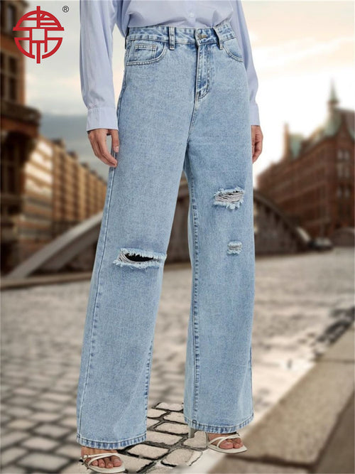 Spot cross-border European and American denim women's loose wide-leg trousers, high-waisted ripped jeans women's JEANS