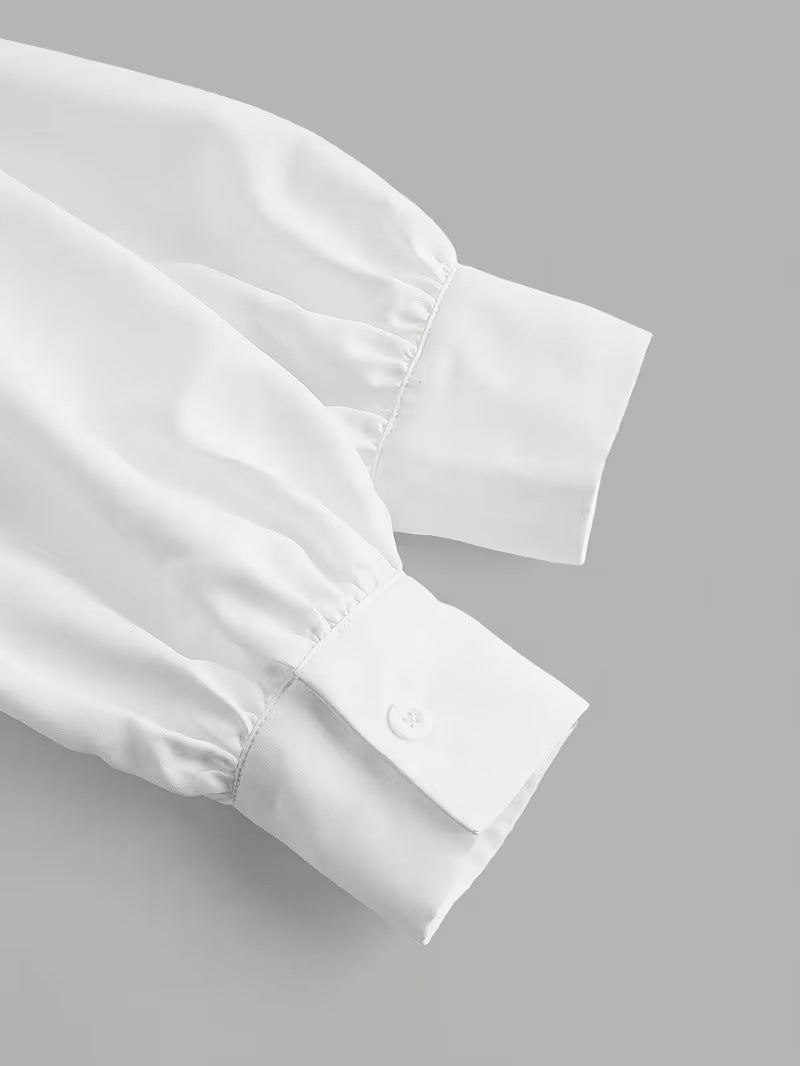 Cross-border European and American women's fashion and casual elegant style, lapel, pleated, slim-fit, solid-color shirt